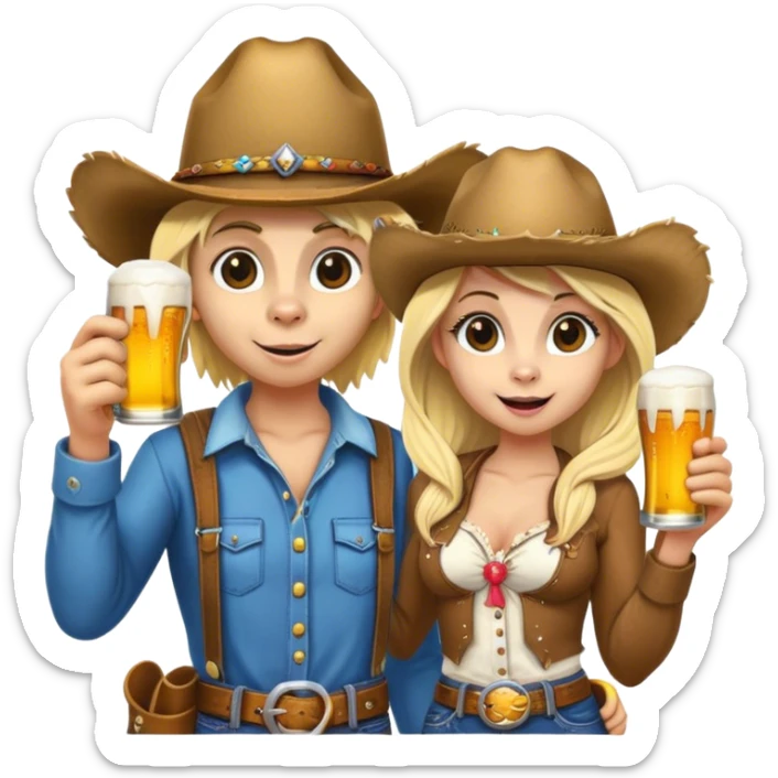 Farmer monkey holding a beer standing next to a blonde girl in cowgirl hat sticker