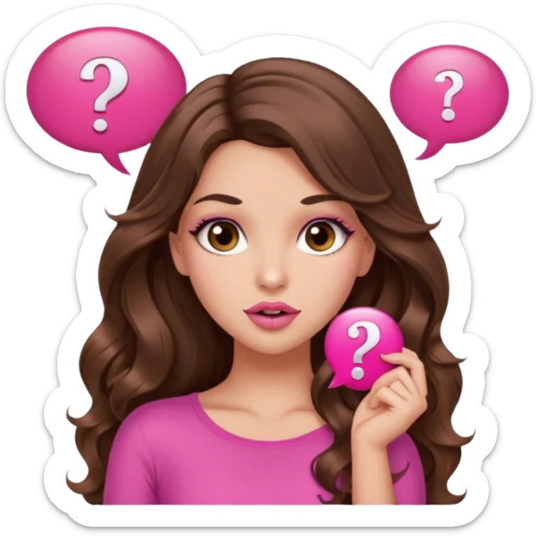 girl with long wavy brown hair, brown eyes, long lashes makeup, sexy pink lips, light to medium complexion, wearing a pink sexy top, shugging, question mark one speech bubble sticker