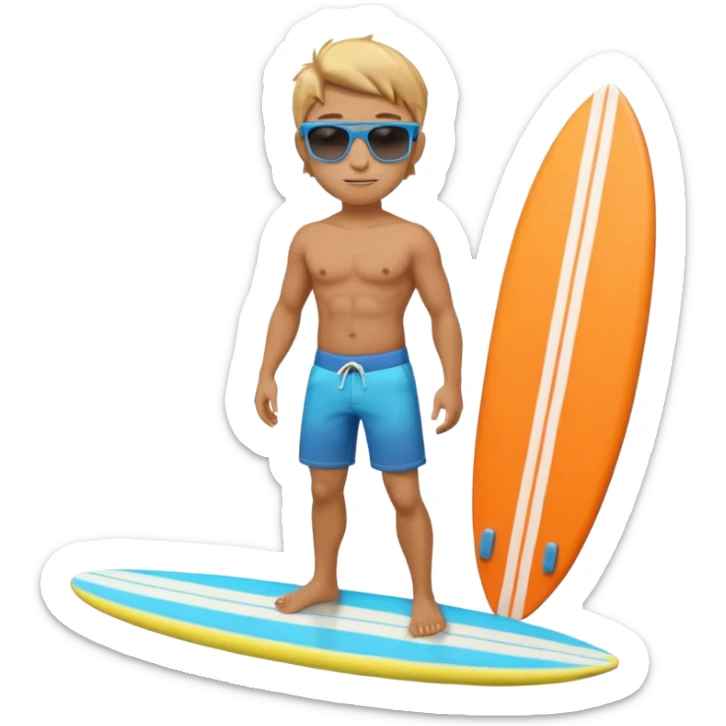 cute male surfer riding a wave, wearing shorts, sunglasses, holding balance, colorful surfboard, 3D cartoon, mobile game icon, clean background, no text sticker