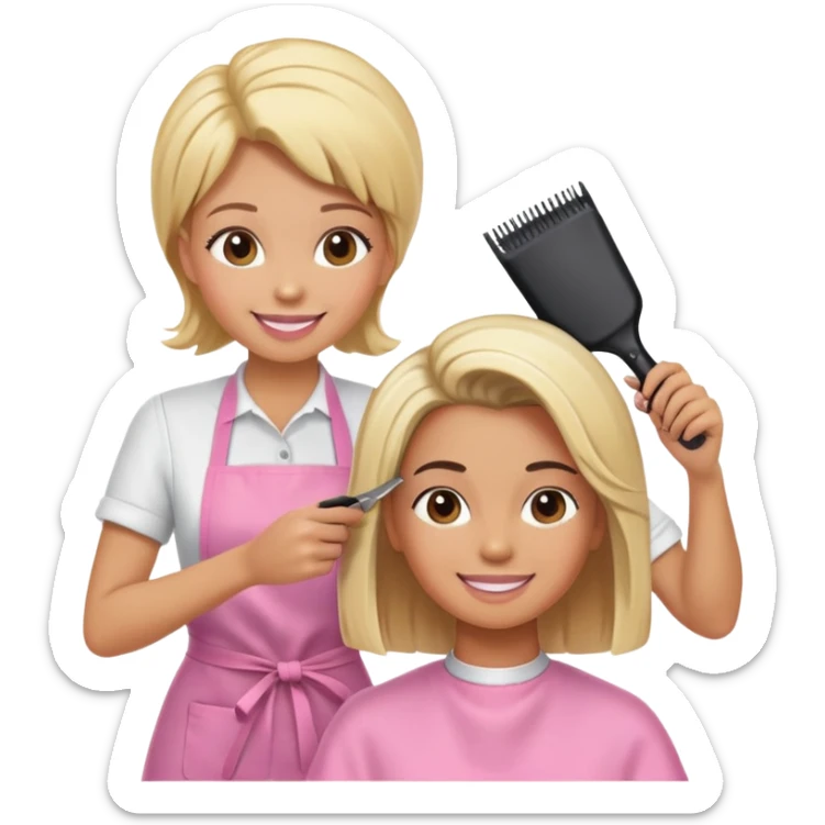 smiling woman in pink apron getting a haircut from a smiling female hairstylist sticker