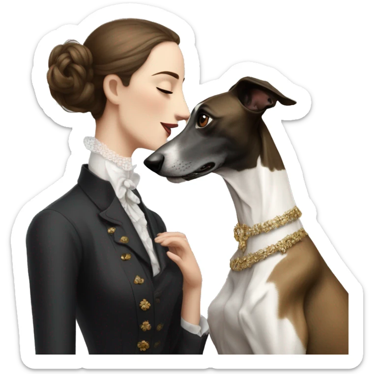Two aristocrat dog black and white galgo kiss with women with brown hair  sticker