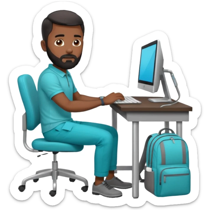 man with black short male hair and black hair and beard and hes in a office with his grey backpack on the floor and he has a tourquose polo shrit with gre dress pants and hes working at a hotel  hes on the co,ptuer  at his desk and he inly has one backpack its on the floo  WITH GREY PANTS sticker