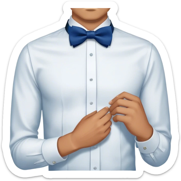
a man's hand straightens a dark blue bow tie on the collar of a white shirt sticker