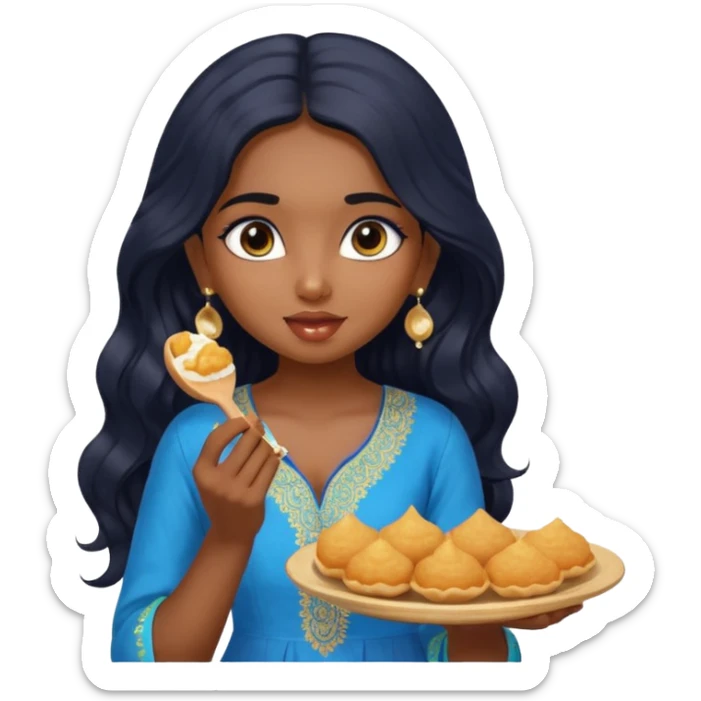 a pretty indian bratz girl with wavy long black hair. eyeliner on, wearing a blue kurti, eating golgappa (without spoon) sticker