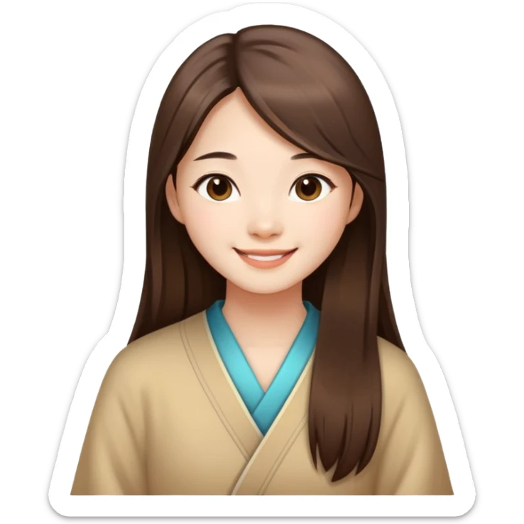 Chinese girl with long straight brown hair, smiling, just face sticker