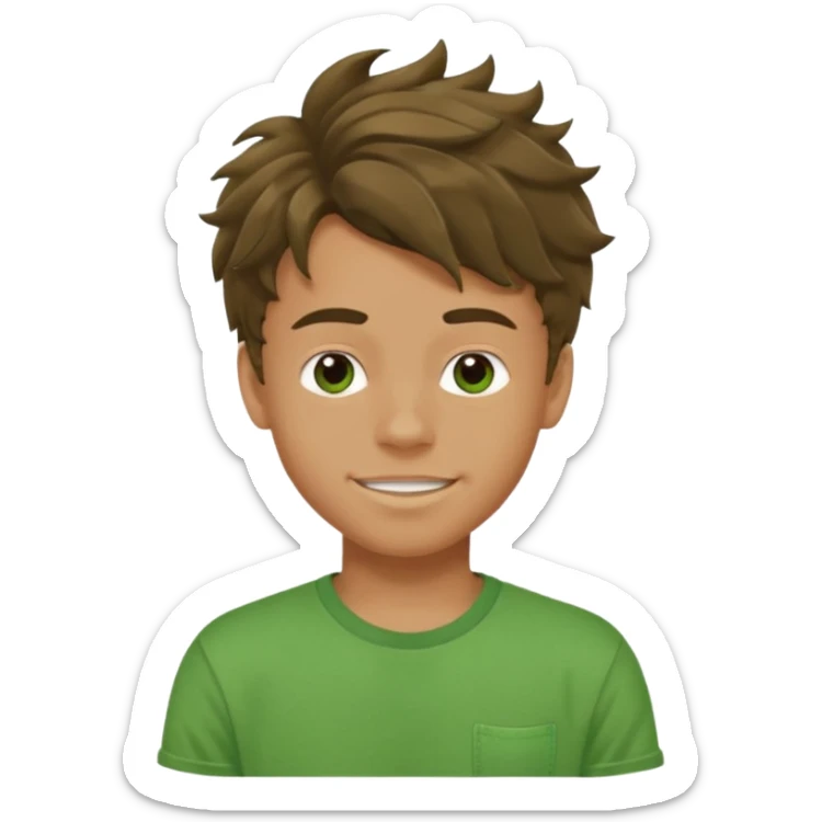A teenage boy, tanned, wearing a green t-shirt , blue jeans and green sneakers with brown wavy tousled hair, smirking sticker