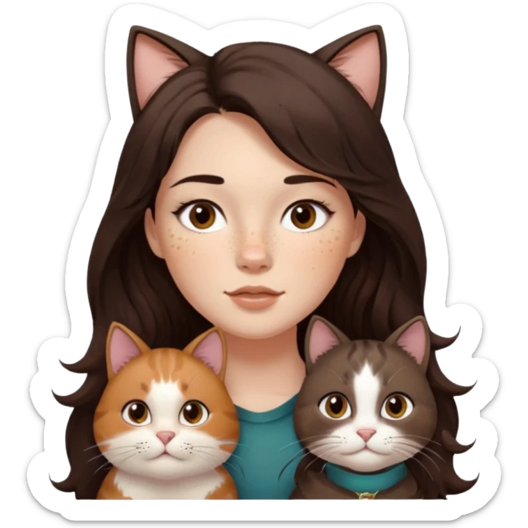 Uzun koyu kahverengi dalgalı saçlı, çenesinde beni olan ve yüzünde biraz çiller olan, iri koyu kahverengi bol kirpikli gözlü sevimli bir yüzü katlı kesim bir saçı olan kadın yap yanına da kilolu tamamen kahverengi bir kedi yap sticker