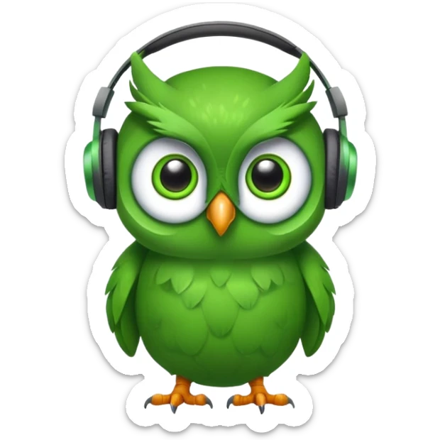 green pea wearing headphones in the style of the duolingo owl mascot with big eyes sticker