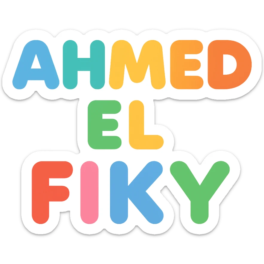 the name 'Ahmed El Fiky' in playful, rounded bubble letters, Slack emoji style, transparent background sticker