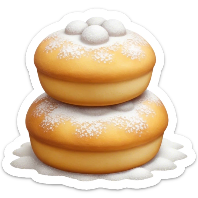 Cinematic Realistic Fritule Dessert Emoji, featuring small, fluffy dough balls dusted with powdered sugar rendered with delicate textures and warm, inviting lighting. sticker