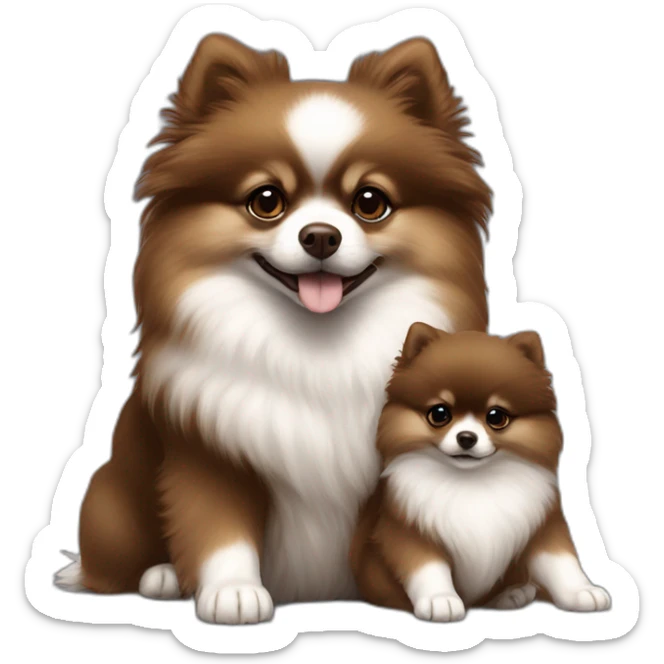 4 dark brown pomeranian puppies nursing from white pomeranian mother dog sticker