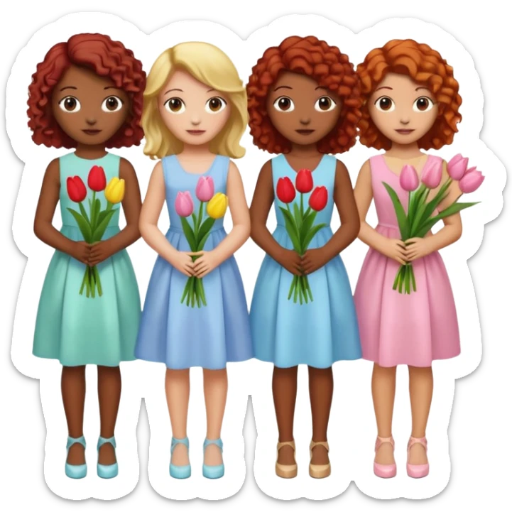 5 girls at a garden party wearing pastel dresses and holding tulips, one is black, one is blond, one has brown hair, one has red hair, one is mixed with curly hair sticker