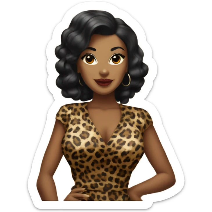 pin up brown woman with black hair in a leopard dress  sticker