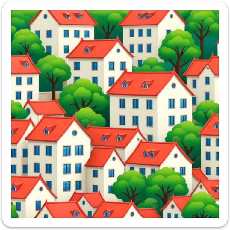 Qingdao European style buildings in Badaguan area with red roof and green trees, simplified emoji style with bold outlines and bright colors, cartoon style German architecture sticker