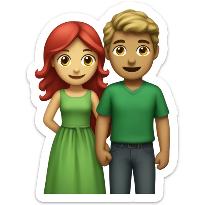 Crete an emoji a couple (boy with green dress, girl with red dress) hugging each other. Boy green dress, girl red dress  sticker