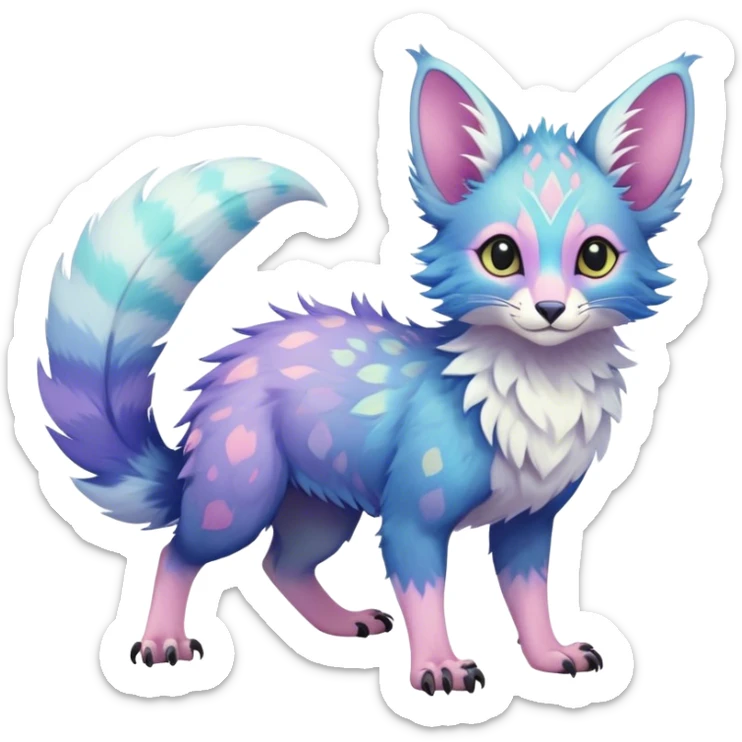 Feral Rare Fantasy vibrant pastel Vernid-Trico-species by LiLaiRa, random markings, tufted tail, tufted ears, full body sticker