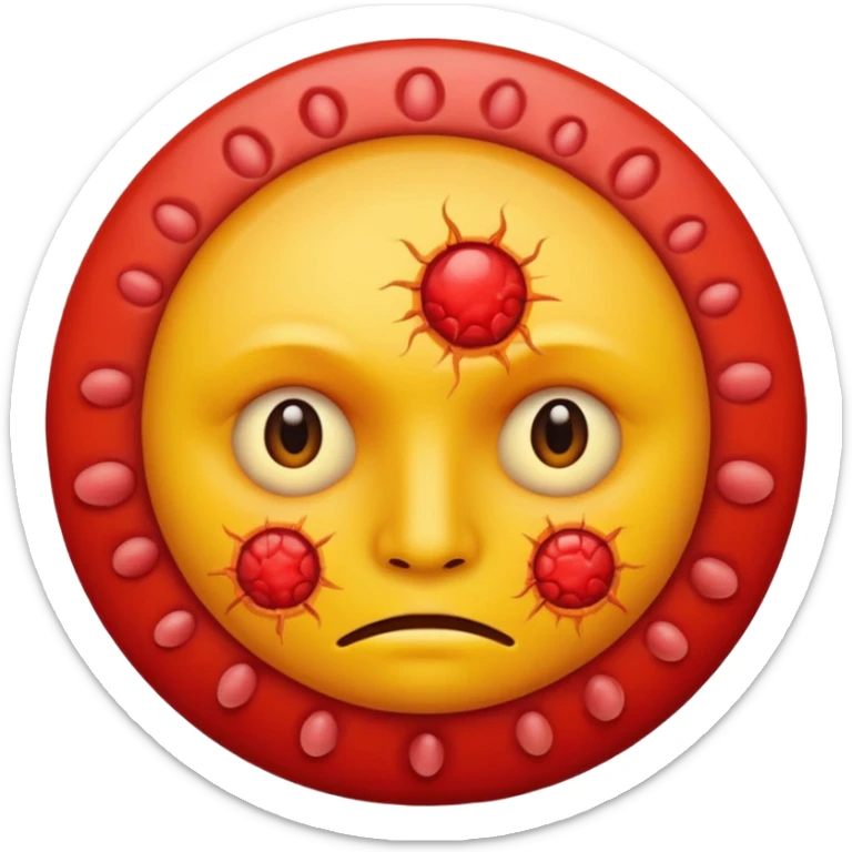 A circular yellow face with many face herpes sores that are close together and red  sticker