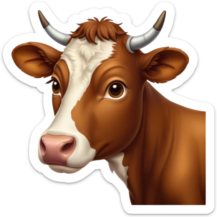 Cinematic Noble Brown Cow Portrait Emoji, Poised and regal, with a large, sturdy build and a smooth, well-groomed deep brown hide, deep-set soulful brown eyes, Simplified yet sharp and sophisticated features, highly detailed, glowing with a soft, dignified glow, high shine, intelligent and calm, stylized with an air of pastoral majesty, focused and attentive, soft glowing outline, capturing the essence of a watchful and confident bovine guardian, so majestic it feels as though it could amble out of the screen with effortless authority! sticker