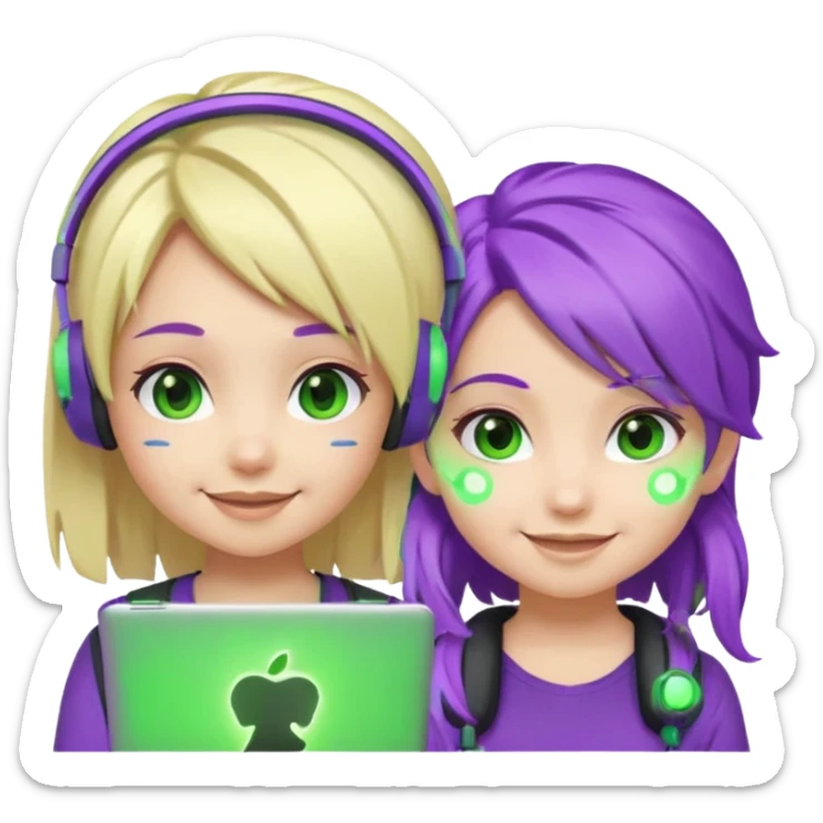 Make a blonde girl with green glowing headset on and a purple haired girl haveing fun , make them a chibi emoji page sticker