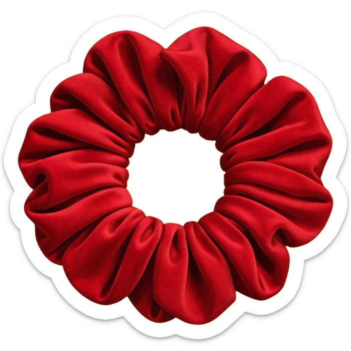 emoji of an isolated red velvet scrunchie, plush velvety texture with soft fiber shadows, rich deep red color, gathered fabric folds, matte and cozy finish, no person, no hair, not worn, simple rounded shape, soft warm shading sticker