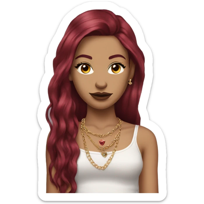 Pale girl with long burgundy hair, long eyelashes and has tattoos. She is wearing a crop top shirt and gold chain necklace and diamond earrings  sticker