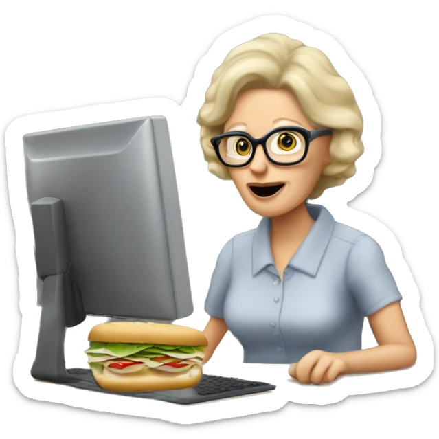 blonde older lady wearing office glasses eating a tuna sandwich sat at a computer desk sticker