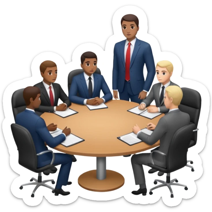 a business meeting of serious businessmen in suits at a round table sticker