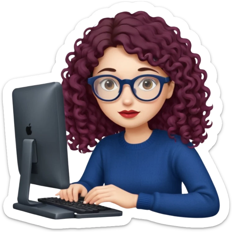 a european white young woman with very long wavy dark brown/chocolate hair with curls at the end of her long hair typing in a computer. she's using round glasses, her lips are light red and her cheeks slightly pink. Her eyes are dark brown. She's using a dark blue knit sweater  sticker