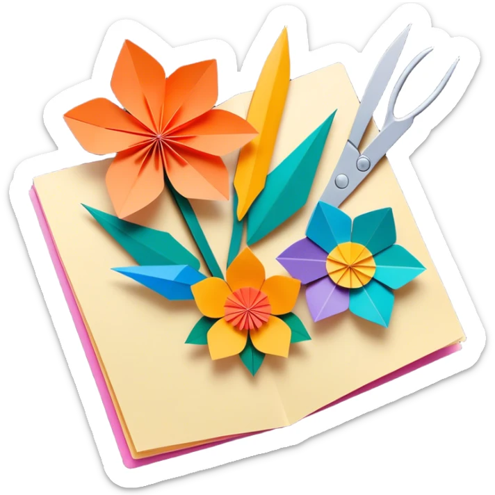 Paper crafting icon, various paper crafts like origami, paper flowers, and scrapbooking materials, visible tools such as scissors, glue stick, and paper sheets, colorful paper patterns, minimalistic style, clean lines, transparent background. sticker