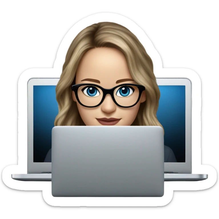 Hyper Realistic Photo of Brunette Jennifer Lawrence wearing black glasses and blue eyes  on a laptop  sticker
