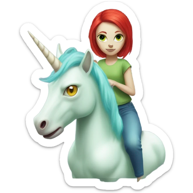 [politically incorrect
	{ woman: alien, color: light green, hair:red, eyes:cat} ]
	on a 
	[{ unicorn: white, legged:four, mane: light blue }] sticker