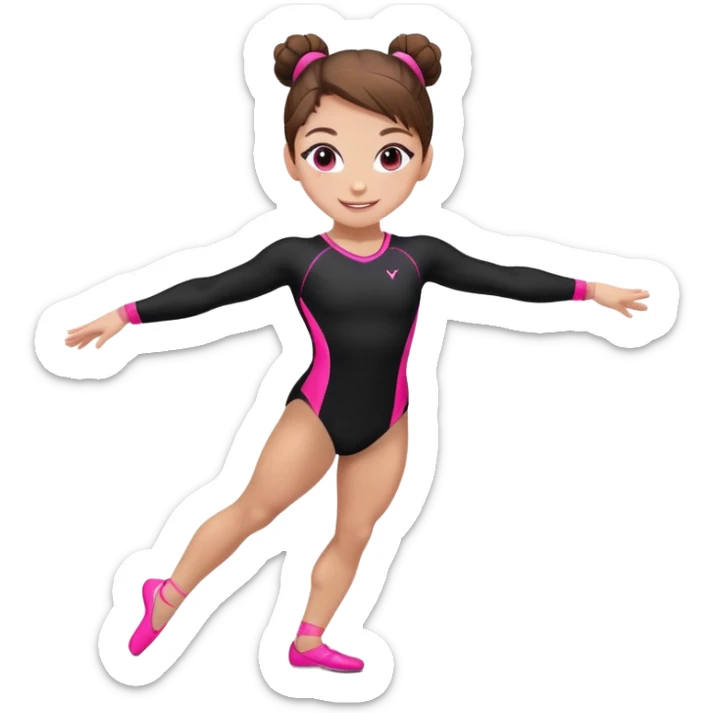Happy female gymnast with brown hair in a neat bun, wearing a black uniform with neon pink elements. sticker