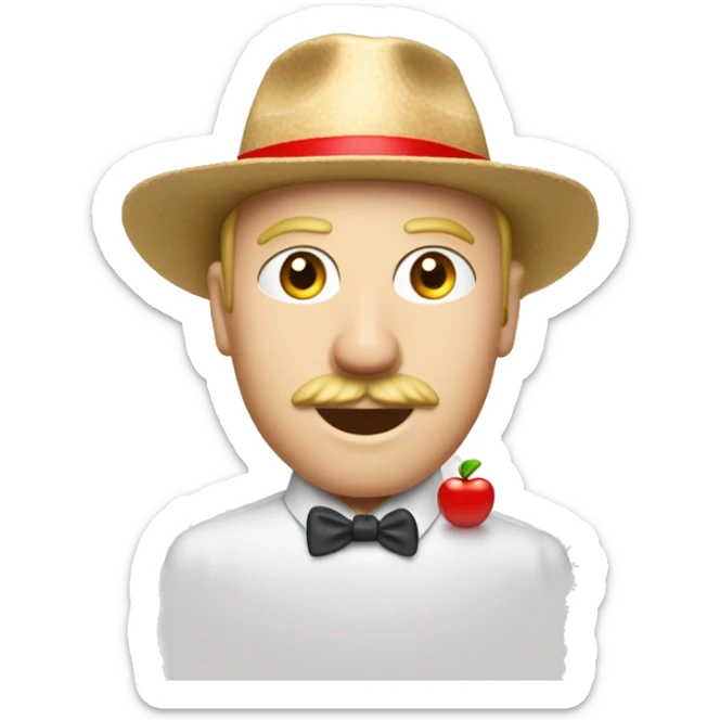 Un homme qu a la peau blanche des cheveux blonds un chapeau blanc avec  un contour rouge sur le haut il y a une pomme et une couronne des joux rouge  sticker