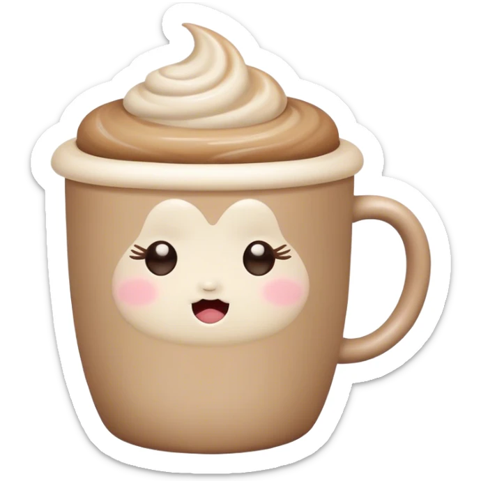 Cute Kawaii Coffee Cup, cozy and warm, a tiny swirl of steam shaped like a heart, round chubby face with a sleepy but content expression, soft pastel brown and cream colors, perfect morning vibes! sticker