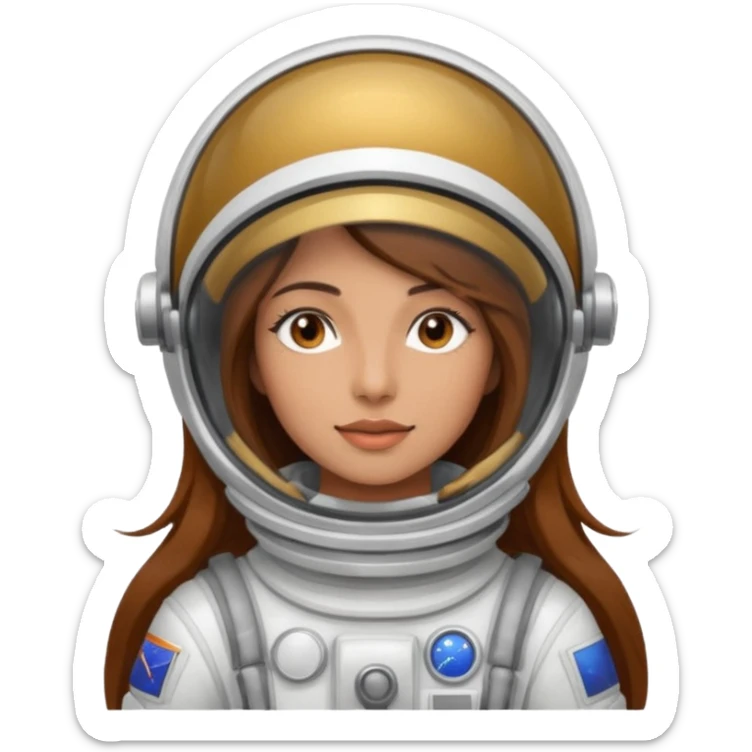 woman with long brown hair and brown eyes.  space ship captain with white military hat sticker