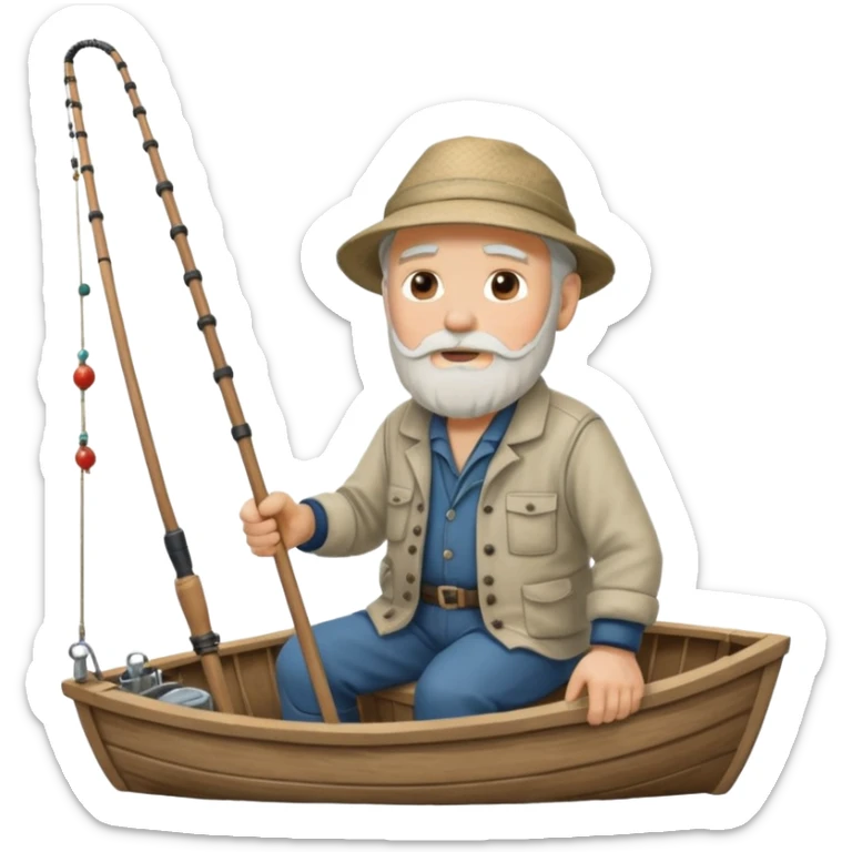 an old white haired, bearded man in fisherman attire, sat in a big boat on the ocean, holding one fishing rod in one hand, with the end of the fishing line touching the water sticker