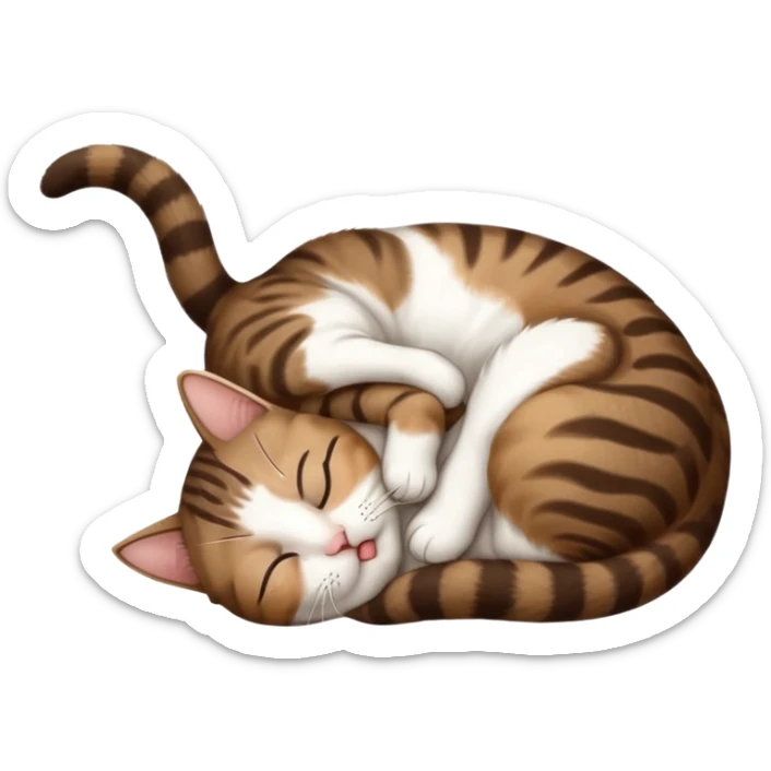 dark brown tabby and white small cat in funny positions upside down with eyes closed sticker