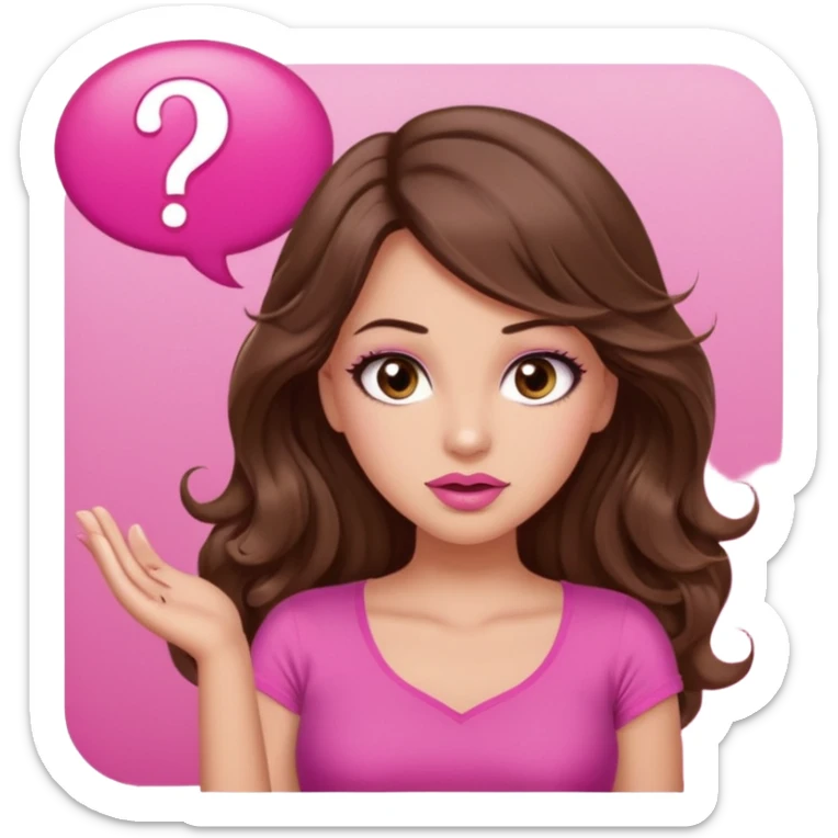 girl with long wavy brown hair, brown eyes, long lashes makeup, sexy pink lips, light to medium complexion, wearing a pink sexy top, shugging, question mark one speech bubble sticker