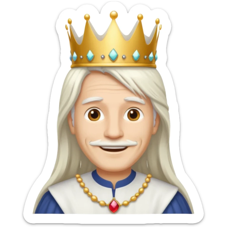 a smiling man with long white hair and has no beard wearing a white smart shirt and a crown sticker