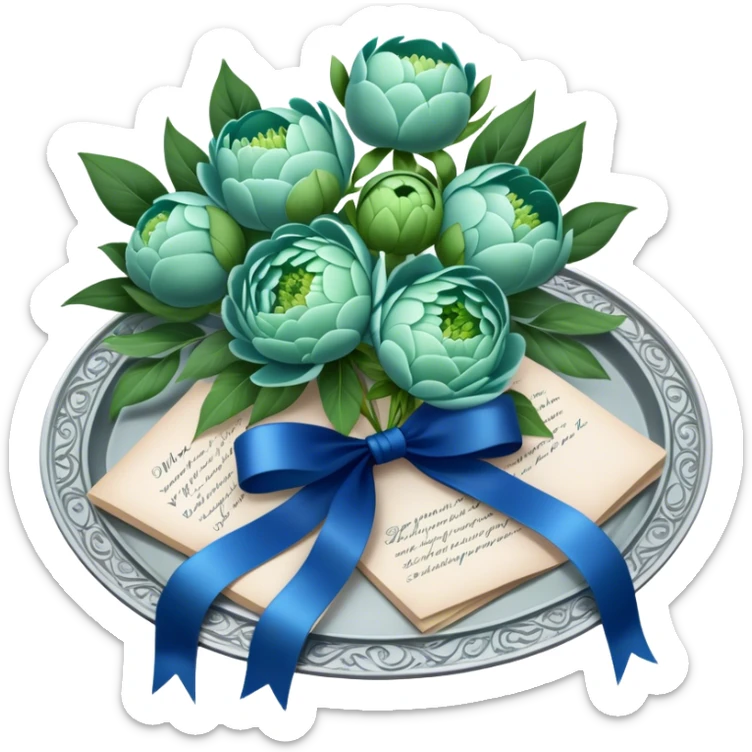 A beautifully ornate silver tray holding a bouquet of soft green peonies and a love letter tied with a deep blue ribbon. sticker