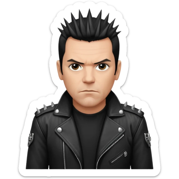 Richard Kruspe, guitarist of Rammstein, apple style emoji, signature spiky dark hair, intense gaze, black leather jacket sticker