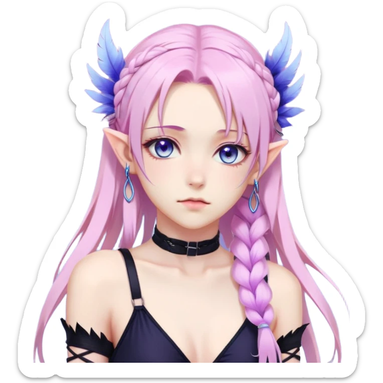 Gorgeous beautiful pretty grumpy anime lady long-pale-whitish-pastel-pink-hair with one braid on each side, hanging purple feather-ear-cuffs with pink tips in hair, black bodysuit, blue eyes, pink iris, ethereal, fashion aesthetic  sticker