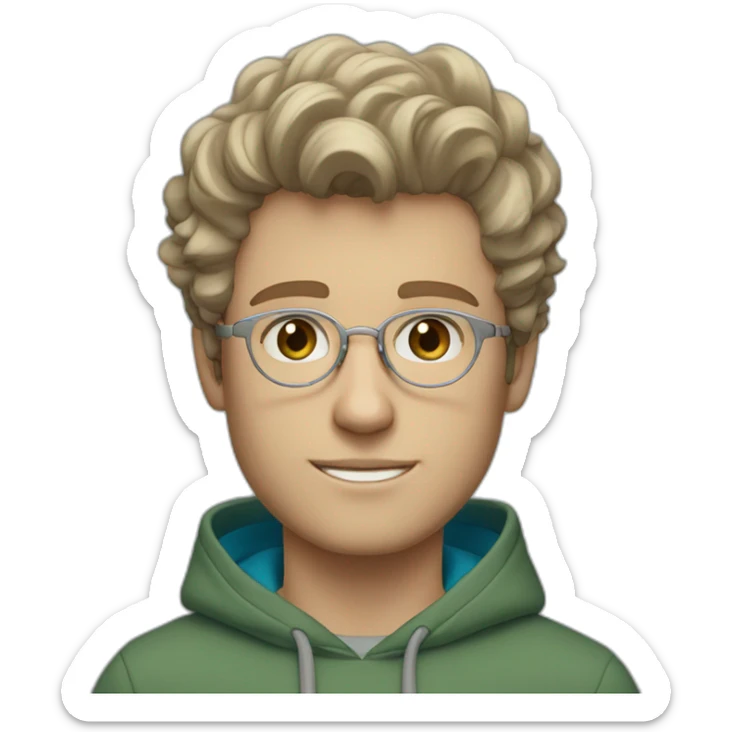 young white guy with wavy hair and a fade in light brown color and round silver color glasses with a grey hoodie on and blue green eyes sticker