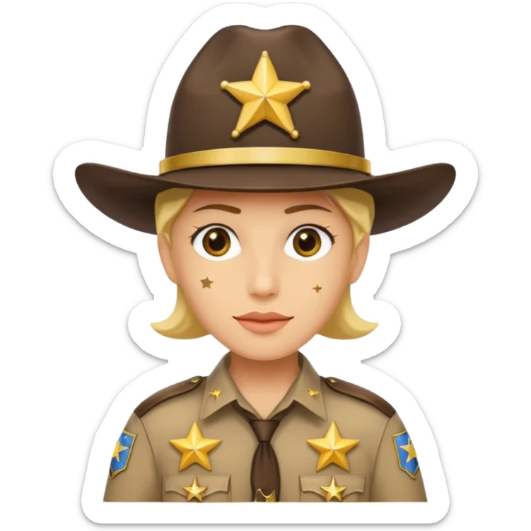 Generate me a yellow-skinned person from Apple's emoji, and make him wear a realistic sheriff's uniform from the United States, but please only add two stars to the uniform, one on the hat and the other on the shirt. sticker