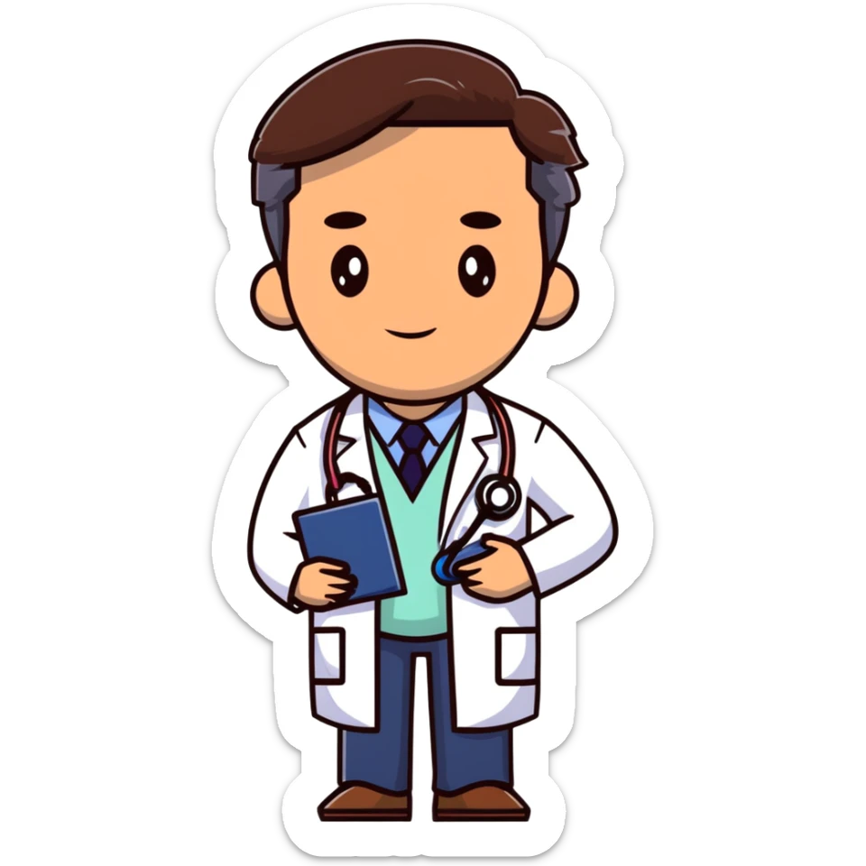 professional mature male doctor around 60 with stethoscope and white coat, dark brown hair, cinnamon skin tone, medium-dark complexion sticker