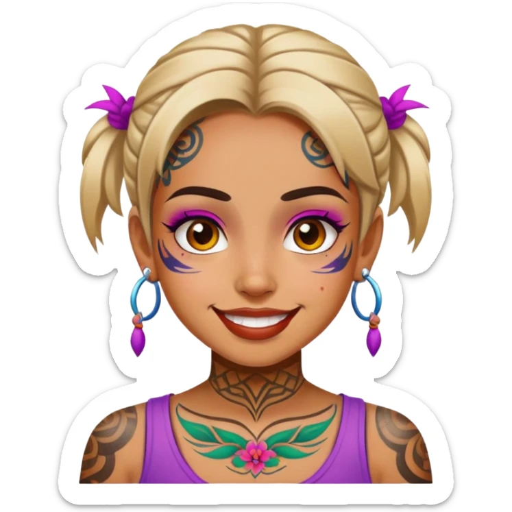 girl with bold face tattoos, happy face, wearing a colorful shirt sticker