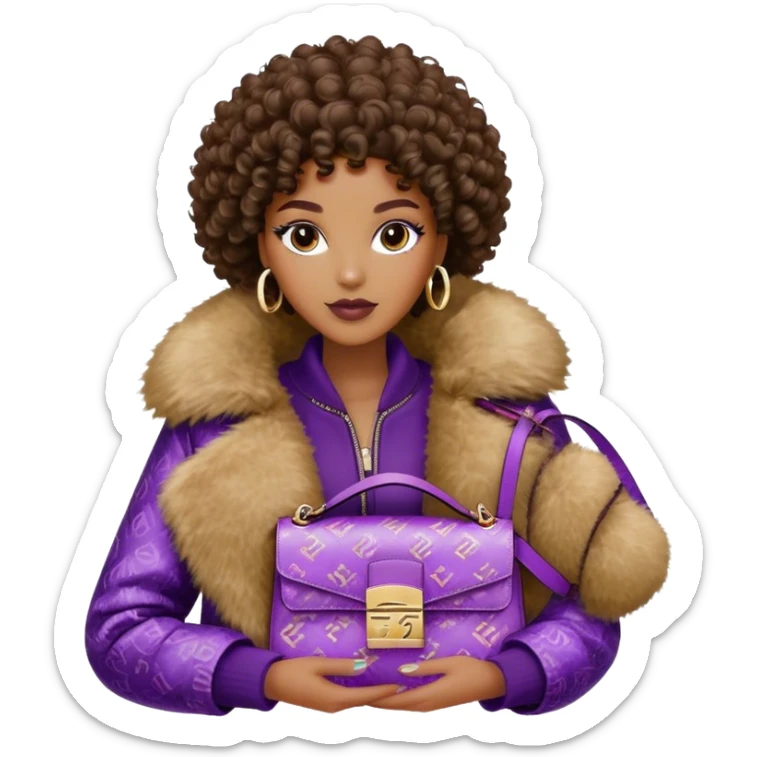 Beautiful black woman with curly hair. She is wearing a brown monogram Fendi jacket with a fur trim. She is carrying a purple sequined Fendi Baguette bag. I want the image close up. The jacket is not purple.  sticker