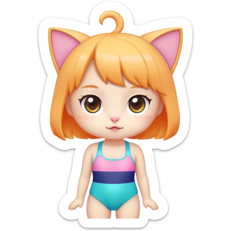Cute short cat girl character with big head in a colorful swimsuit, kawaii style sticker