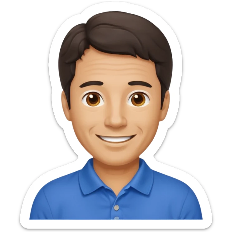 middle aged man, wavy dark hair, wearing a polo shirt, smiling sticker