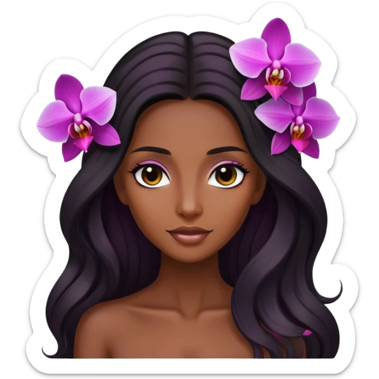 Upclose, black long hair tanned woman, orchid flowers in hair, body sticker